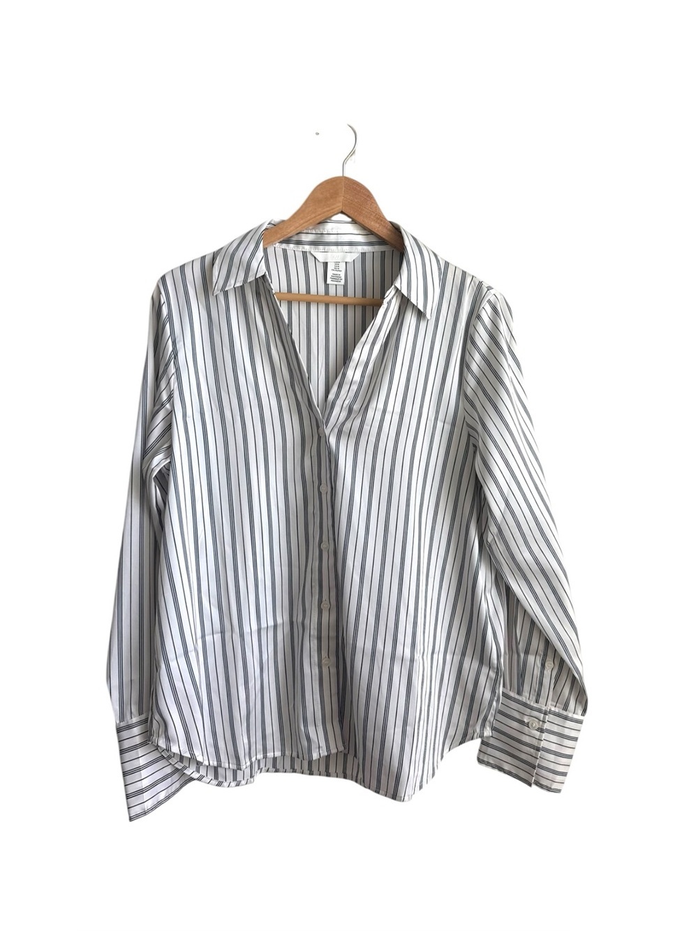 H&M White Black Striped Satin Button Down Blouse Long Sleeve Office Size M